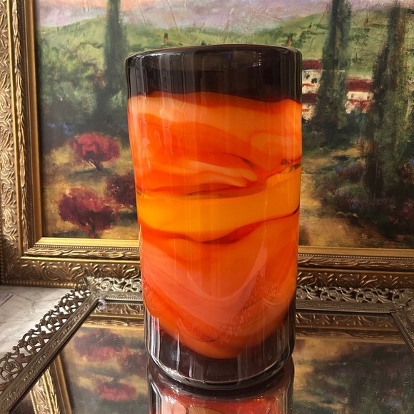 Orange Swirl Hand Blown Art Glass Vase –  10” Mid Century Style - Picture 8 of 8